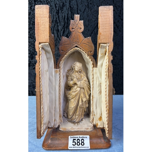 588 - Resin Madonna altar icon in caves wooden case, case approx 25cm tall