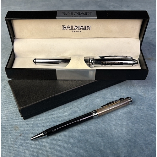 589 - Balmain, Paris boxed pen inscribed ‘The Private Bank’ and a collectible Airbus pen