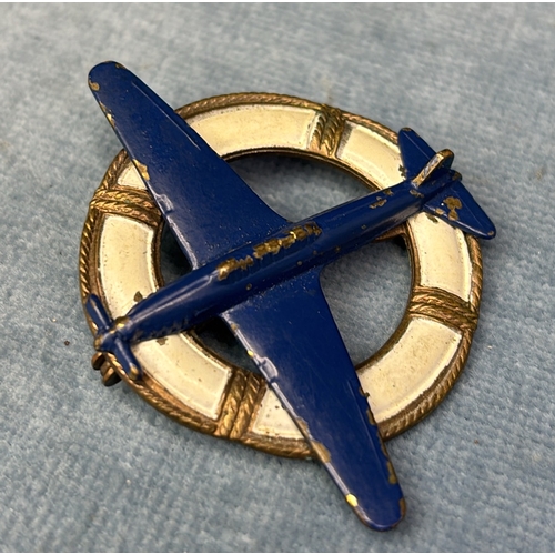 590 - Vintage brooch depicting a blue aeroplane and a life buoy, pre war Supermarine?