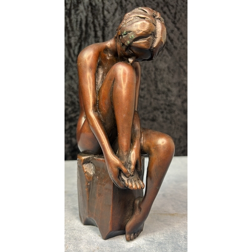 598 - Art Deco style bronze figurine of a naked lady seated on a box, possibly Austrian, maker’s mark to b... 