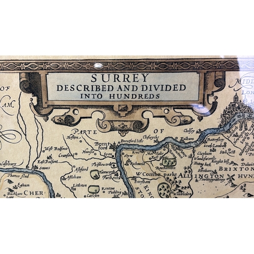 6 - Framed print of a John Speede map of Surrey, frame measures approx 42cm x 56cm