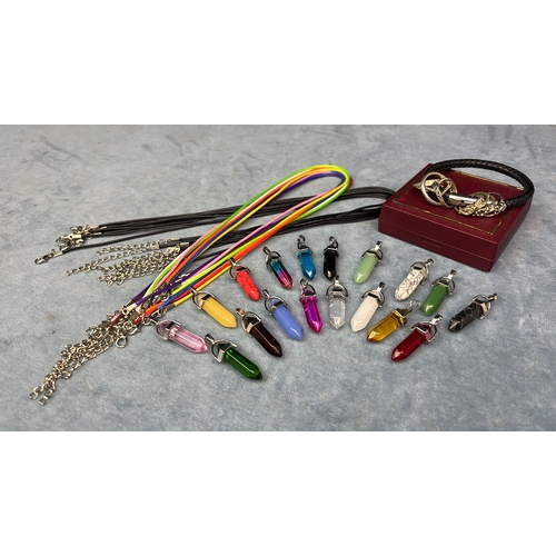 618 - Leather bracelet with a collection of white metal rings , a selection glass / gemstone pendants and ... 