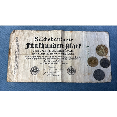 636 - 1922 500 Mark German banknote, 1924 five and ten pfennig coins and two WWII 1941 and 1943 coins