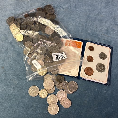 648 - Britain’s First Decimal Coin set and a quantity of old British coinage including one and two shilljn... 