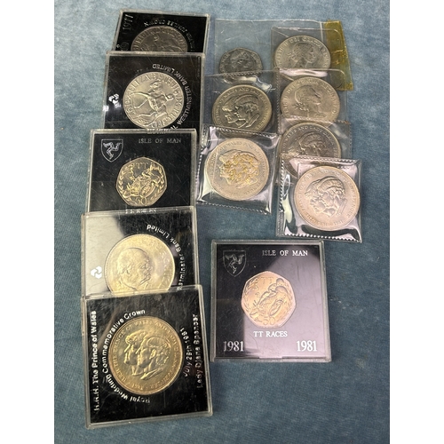 649 - Commemorative coins including Churchill (3), Charles and Diana (5), Silver Jubilee (2) and Isle of M... 