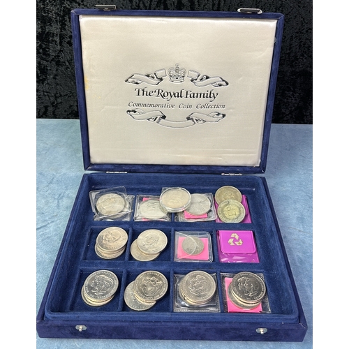 654 - Velvet coin case containing commemorative coins  including Churchill (7), Charles and Diana (8), Sil... 