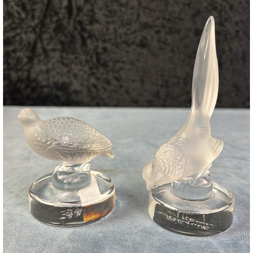 660 - Lalique Crystal glass birds, pheasant 11cm tall and partridge 6cm tall with ‘Lalique’ etched to base