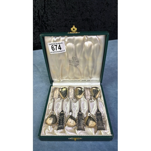 674 - Stunning boxed set of six silver vintage Swedish coffee spoons with traditional Lapp engraving to bo... 