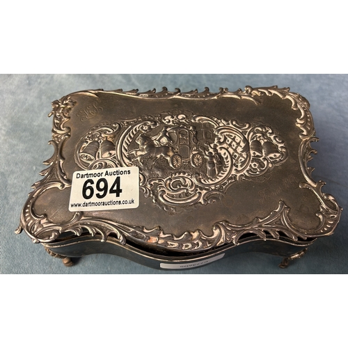 694 - Unusual and very decorative silver box/casket with hinged lid. Embossed with coach and horses and Ch... 