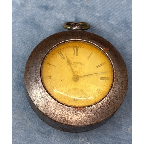 698 - Heavy silver Waltham pocket watch with original metal protective case.