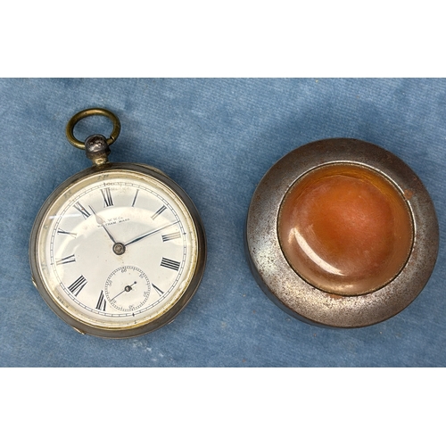 698 - Heavy silver Waltham pocket watch with original metal protective case.