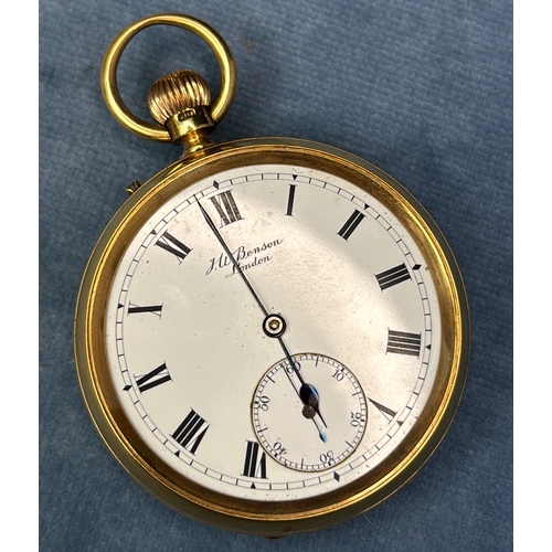 706 - 18ct gold pocket watch  by JW Benson of London. Glass missing. Not working.