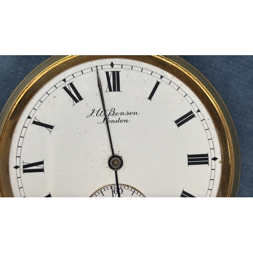 706 - 18ct gold pocket watch  by JW Benson of London. Glass missing. Not working.