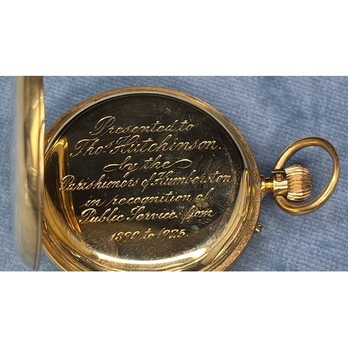 706 - 18ct gold pocket watch  by JW Benson of London. Glass missing. Not working.