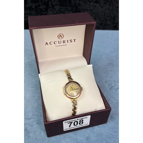 708 - Pretty 9ct gold ladies watch with Montal expanding bracelet type strap.