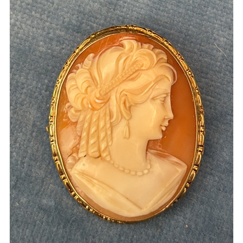 715 - Pretty cameo brooch of a classical lady set in a 9ct gold mount with clasp.