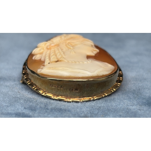 715 - Pretty cameo brooch of a classical lady set in a 9ct gold mount with clasp, measures 3.8cm x 3cm