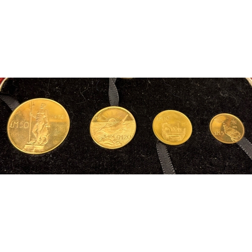 731 - Fabulous set of Malta 22ct gold 1972 coins. £50, £20, £10 and £5. In original plush hinged box..51.4... 