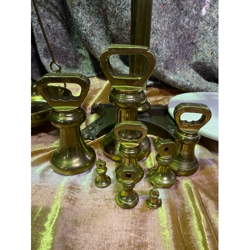 745 - Magnificent set of Hunt & Co dairy beam brass and cast iron scales with ceramic scale plate and bras... 