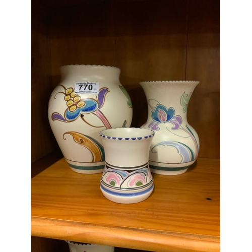 770 - Three Honiton pottery hand painted vases, approx 19.5cm, 17cm and 9cm tall