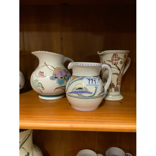 771 - Three Honiton pottery hand painted jugs, approx 16cm, 15 cm and 12cm tall