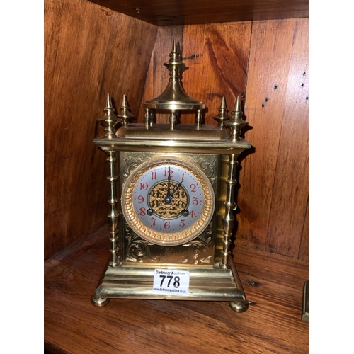 778 - Antique brass mantle clock, possibly French, approx 29cm tall (no key)