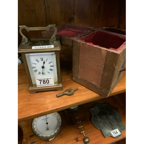 780 - French R&Co brass carriage clock in travel case, with key, in working order