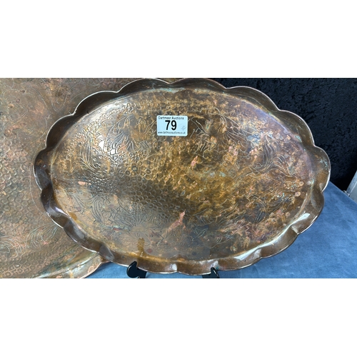 79 - Two Newlyn Hale copper trays with scalloped edges and etched fish / koi carp designs, large tray mea... 