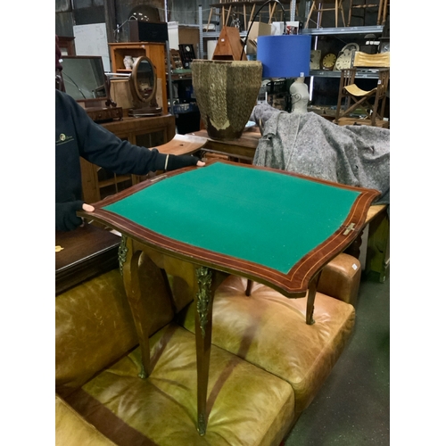 799 - Very pretty poss French Louis XV style card table, with internal baize intact, inlaid top