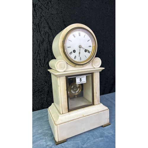 8 - White marble mantle clock with A. Brocot & Delettrez, Paris movement with a gridiron Ellicott style ... 