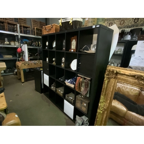 814 - Black/brown IKEA style bookcase 5 x 5 compartments, 2 of which have doors. H184 x W184 x D39