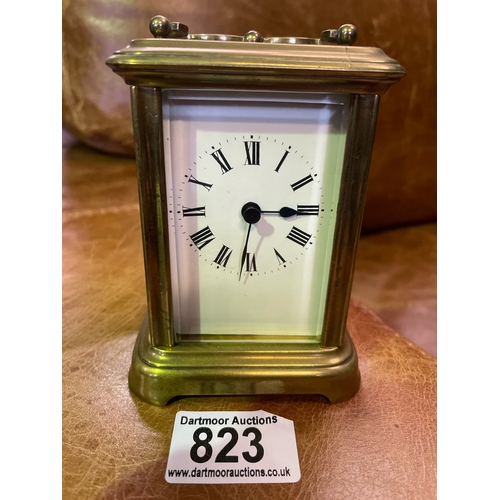 823 - Brass carriage clock , approx 12cm tall