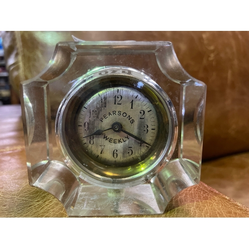 824 - Vintage Pearson's Weekly clock in glass casing, approx 7.5cm tall