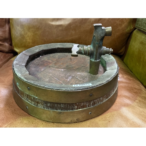 833 - Wall handing coopered barrel top with tap, perfect Breweriana for a man cave or bar