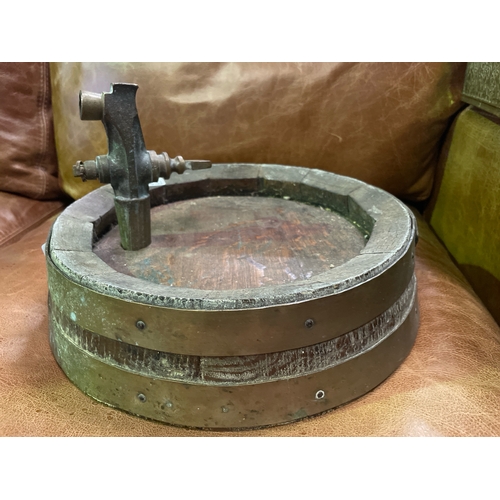 833 - Wall handing coopered barrel top with tap, perfect Breweriana for a man cave or bar