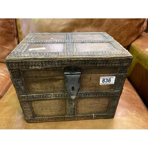 836 - Small wooden box / trunk with decorative metal banding, approx 23cm x 29cm x 22cm