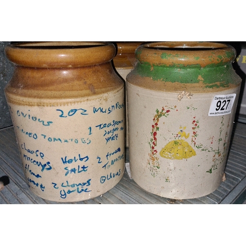 927 - A set of 5 vintage earthenware pots,none with hand painted decor and one with a recipe on the side