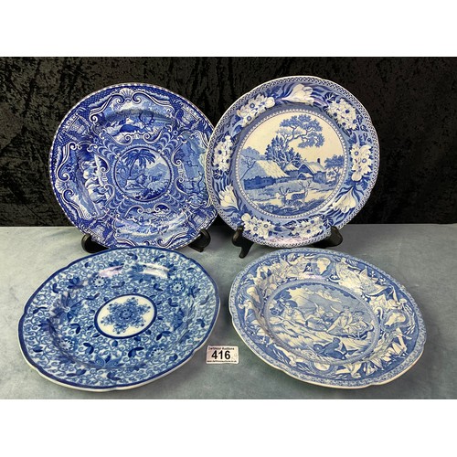 416 - Four antique blue and white shallow bowls / dishes - Hall Staffordshire Quadruped series Lion design... 