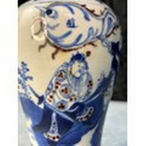 425 - Oriental / Chinese blue and white hand painted vase with red/brown detail, mark’s to base, approx 28... 