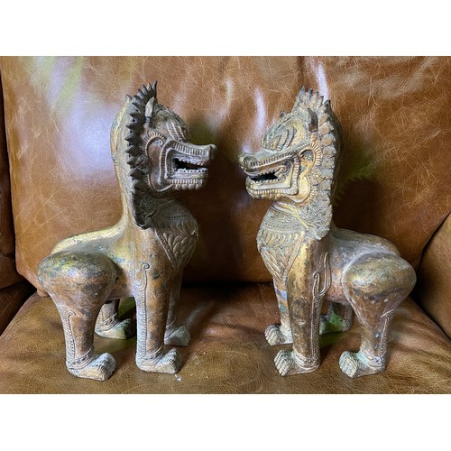 436 - Pair of large gilded bronze Chinese temple dogs, approx 32cm tall