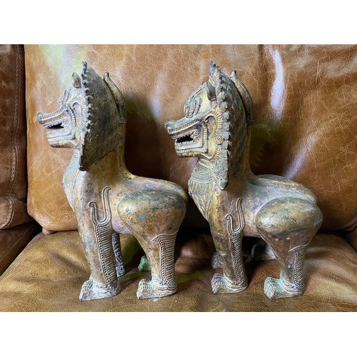 436 - Pair of large gilded bronze Chinese temple dogs, approx 32cm tall