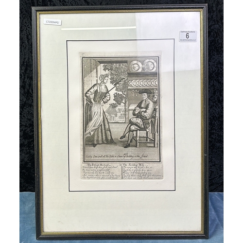 6 - Framed etching entitled ‘The Patient Husband or The Scalding Wife’, printed from an 18thC plate by t... 