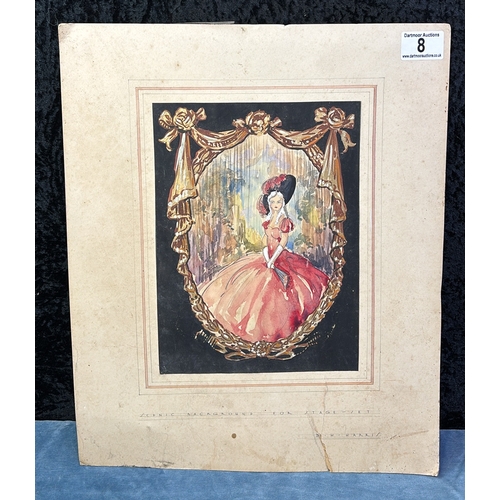 8 - Mounted watercolour painting of an elegant lady on a theatre stage entitled ‘Scenic Background for S... 