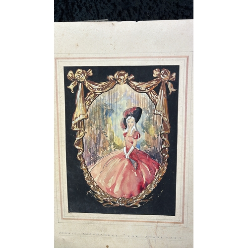 8 - Mounted watercolour painting of an elegant lady on a theatre stage entitled ‘Scenic Background for S... 