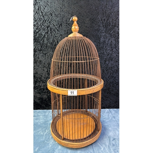 11 - Vintage wooden and wire hanging birdcage, approx 68cm tall