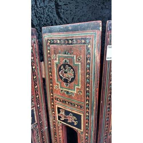 13 - Table top lacquer screen / folding tray base with intricate hand painted table and a mythical lion t... 