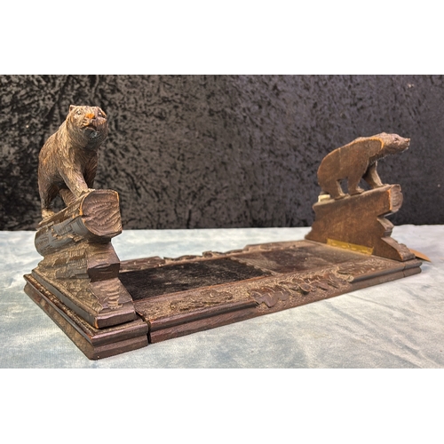 17 - Black Forest style carved wooden book slide with bear, acorn and oak leaf design