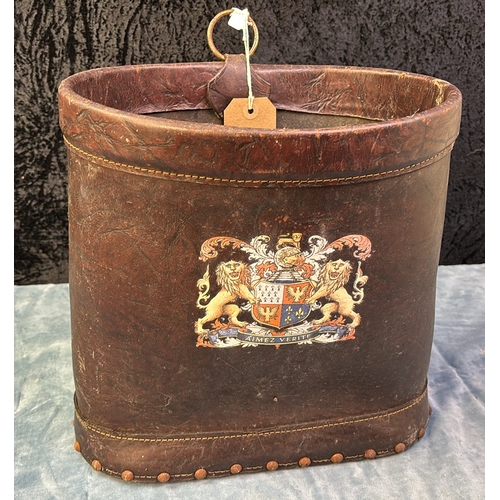 20 - Leather bucket with brass hanging ring (possibly a fire bucket) with a crest and the motto ‘Aimez Ve... 