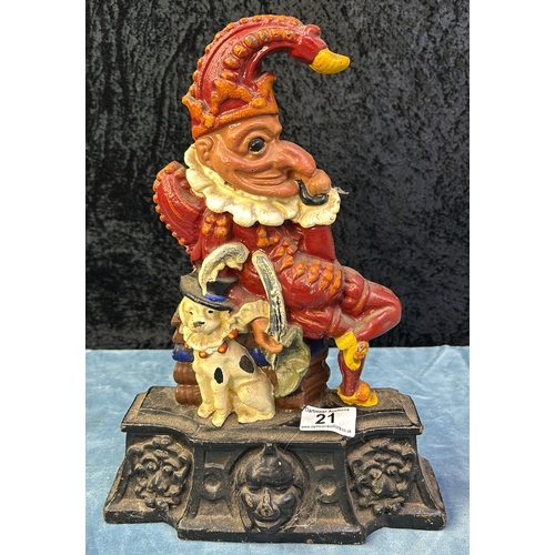 21 - Mr Punch hand painted cast iron doorstop, approx 35cm tall