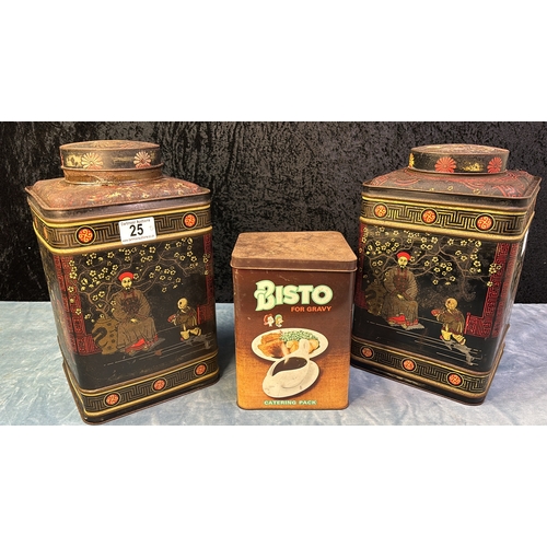 25 - Two large vintage tea tins (approx 31cm tall along with a vintage Bisto tin